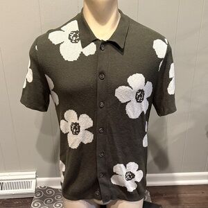 Z Art of Rhetoric Olive Floral Button-Down Shirt Preppy Formal Sweater Knit